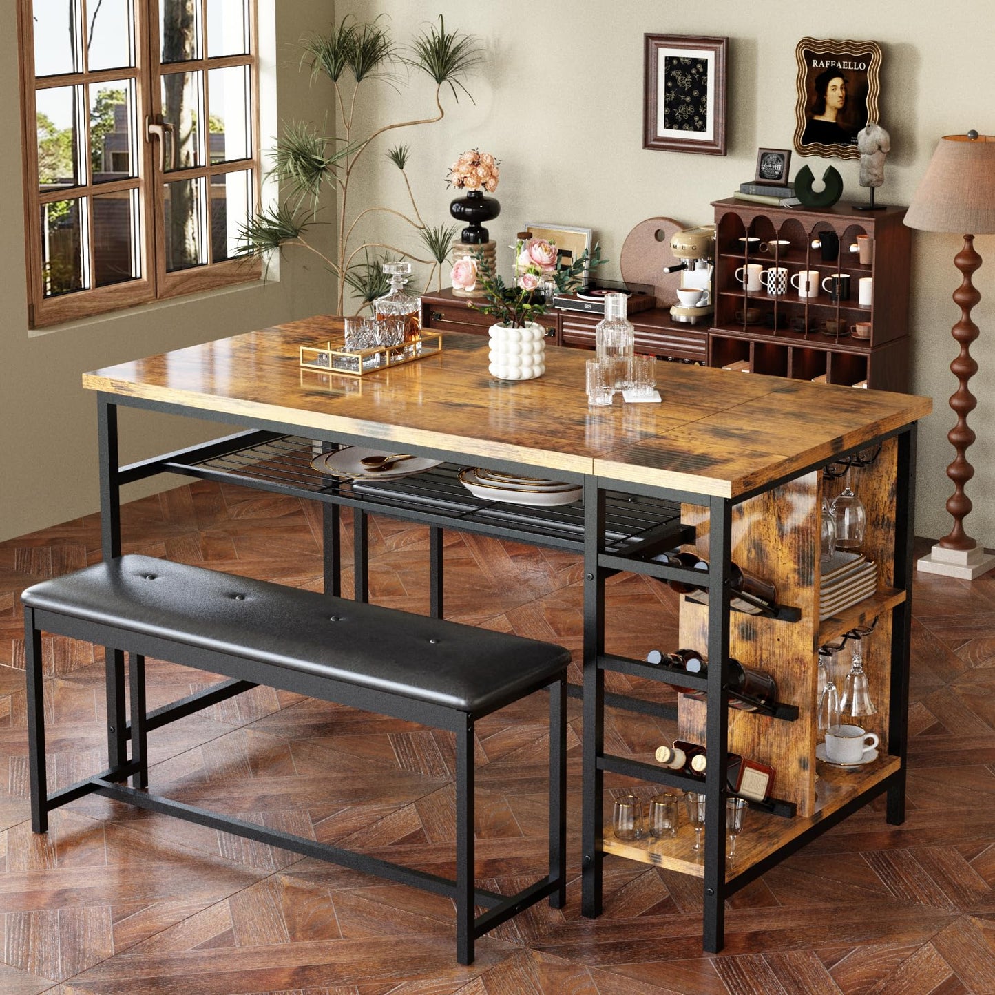 AWQM Space Saving Dining Table Set for 2-4 People, 53" Kitchen Table with 2 Upholstered Bench, Dinner Table with Wine Rack Glass Holder and Storage Shelf, 3-Piece Dinette Table for Small Apartment
