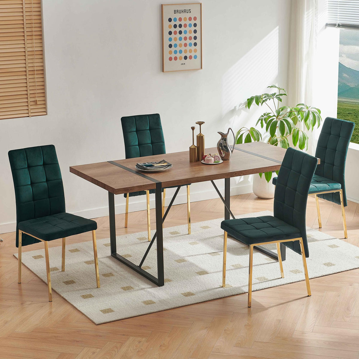 NORDICANA Upholstered Velvet Dining Chairs Classic Kitchen High Back Chairs Set of 4, Featured Dovetail Tufted Side Chairs, Golden Color Metal Legs, Forest Green