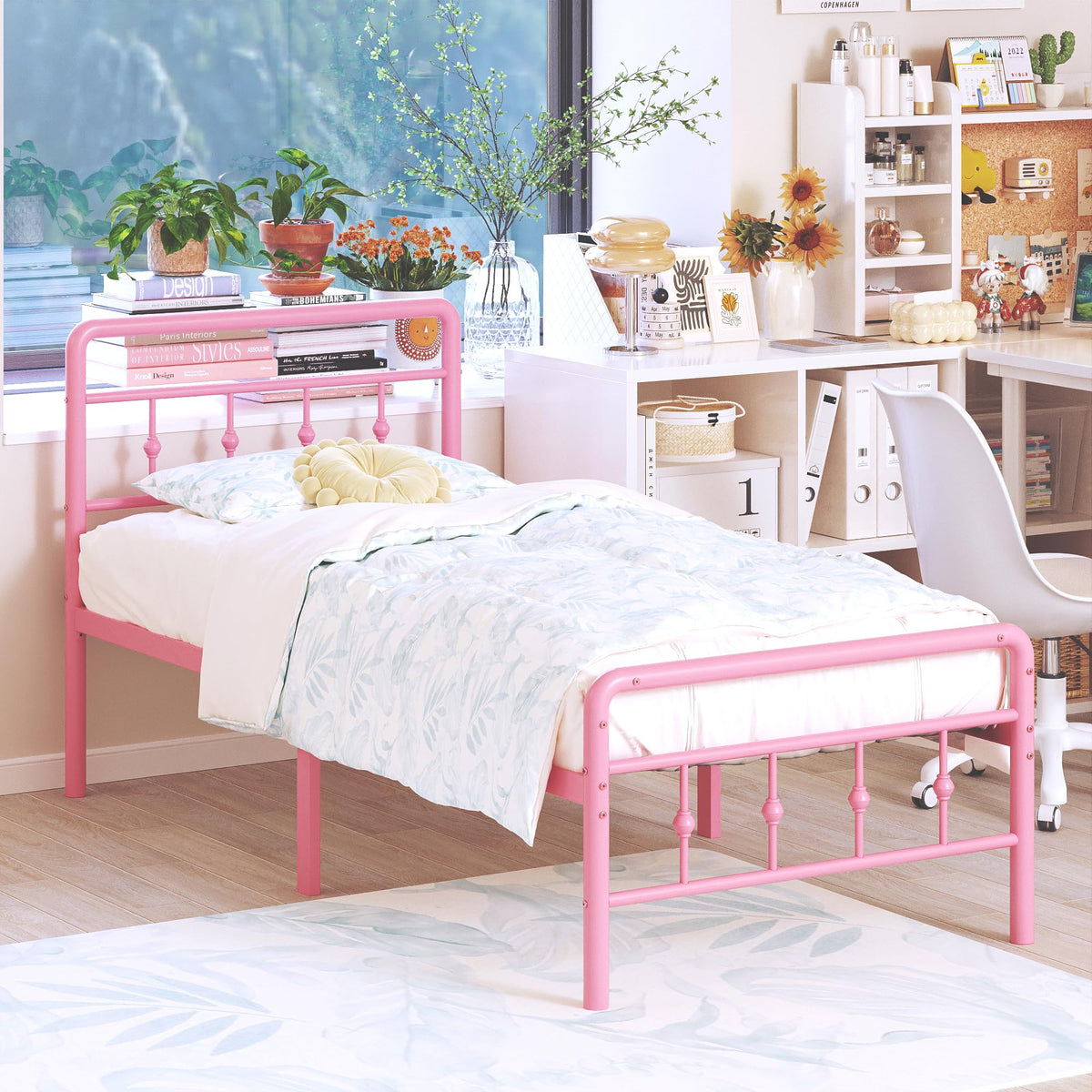 DiaOutro Classic Metal Platform Pink Twin Bed Frames with Headboard and Footboard, 16 Inch No Box Spring Needed Heavy Duty Victorian Style Iron-Art Mattress Foundation/Under Bed Storage