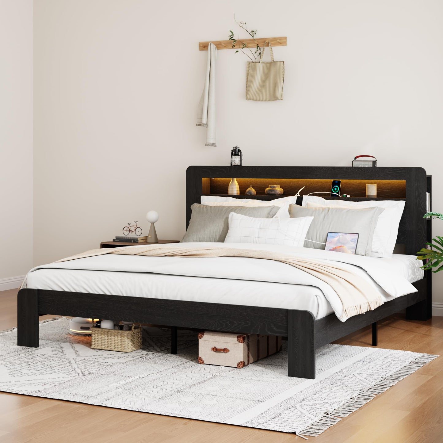 SAMTRA Wooden Bed Frame King Size with Storage Headboard, Farmhouse Platform Bedframe with Bookcase Shelf & Led Lights, Sturdy Wood Slat Framework Bed Frame (Classic Black)