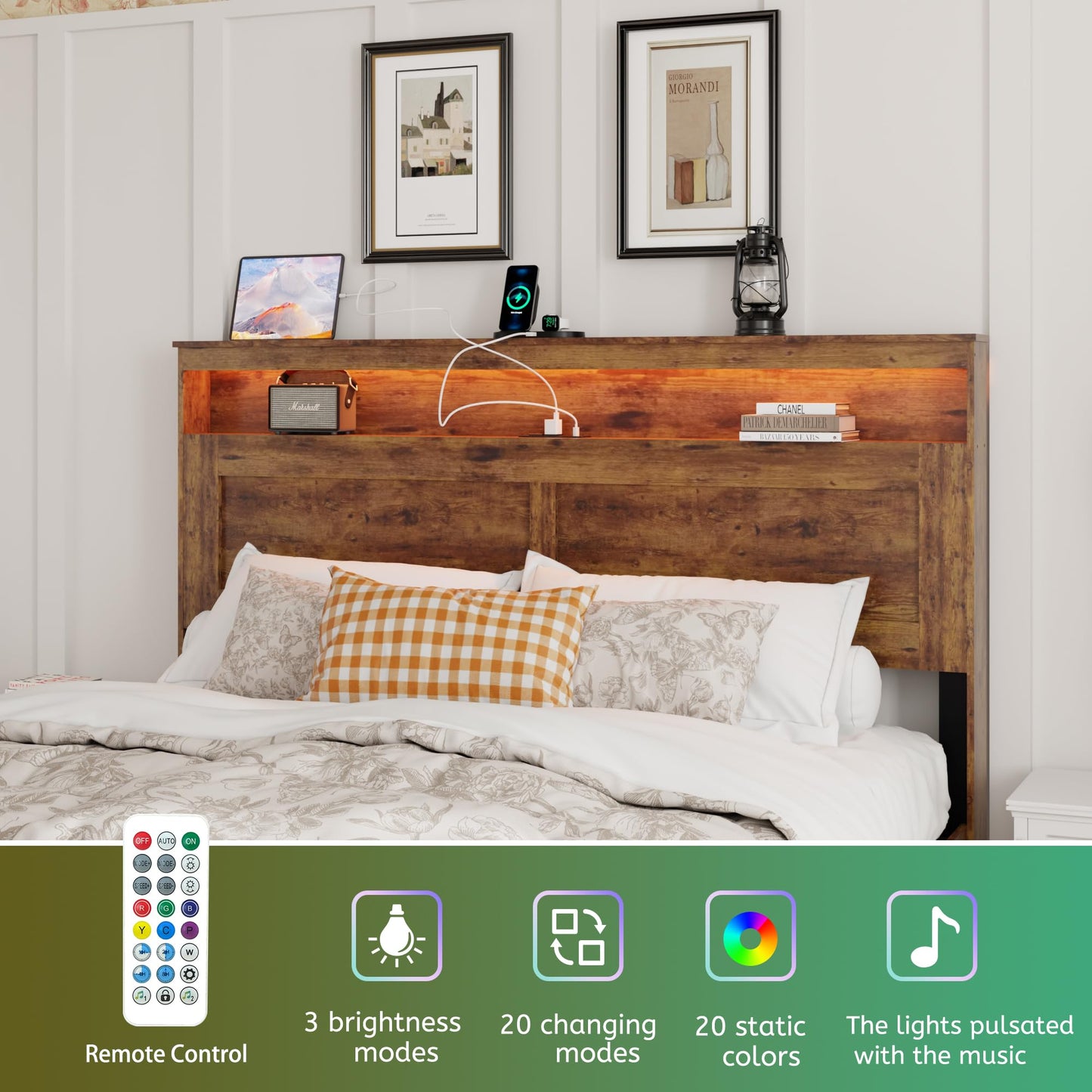 FSTAR King Size Wooden Bed Frame with Headboard, Farmhouse Bedframe with Charging Station & Led Lights, Heavy Duty Metal Slats, Noise Free, No Box Spring Needed, Dark Brown