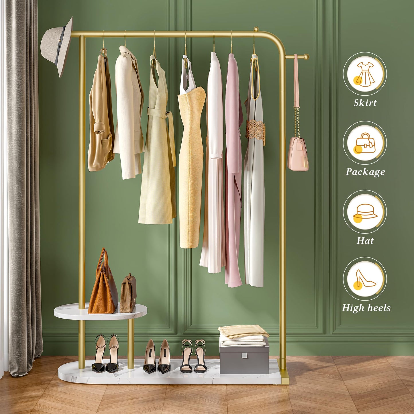 Raybee 67" H Gold Clothing Rack, Modern Coat Rack with Two-Tier Storage, Clothes Rack with a Display Stand for Boutique Store, Living Room, Bedroom