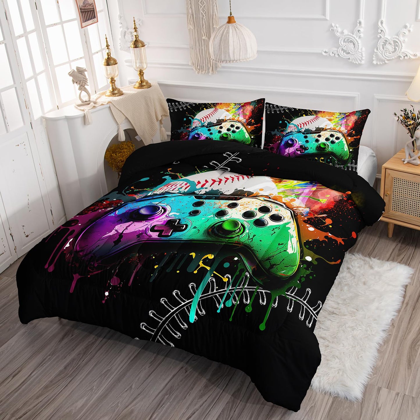 Smell Sunshine Kids Comforter Set Gamepad Baseball Printed Pattern Bedding Set with 1 Comforter and 2 Pillowcases for Girls Boys Bedroom All Season(Gamepad Baseball Twin)