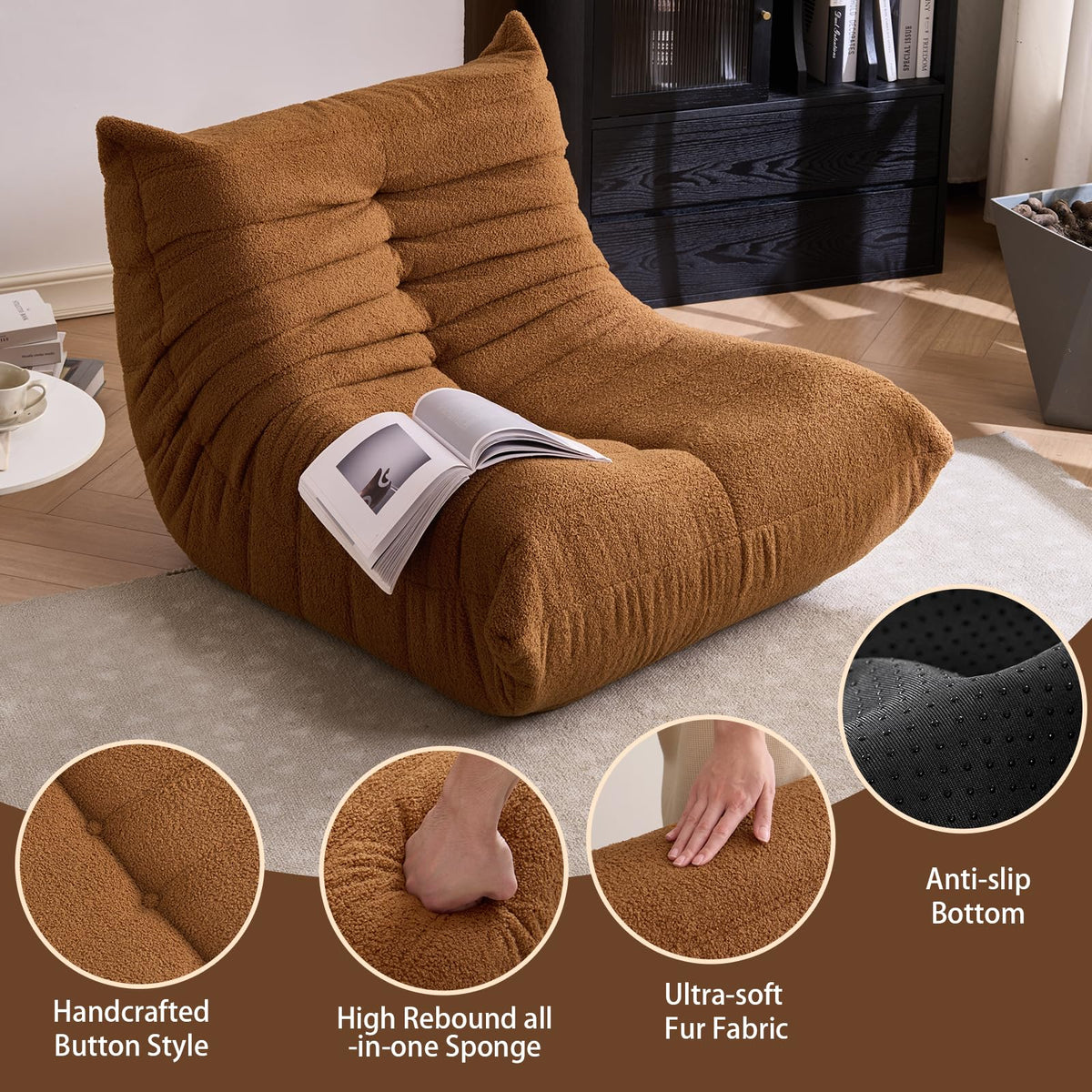 Giant Bean Bag Chairs for Adults - Lazy Floor Sofa Couch Single Seat - Fireside Lounger Chair with All-in-One Memory Foam - Beanbag Togo Sofa for Living Room Bedroom Dorm Office - Brown