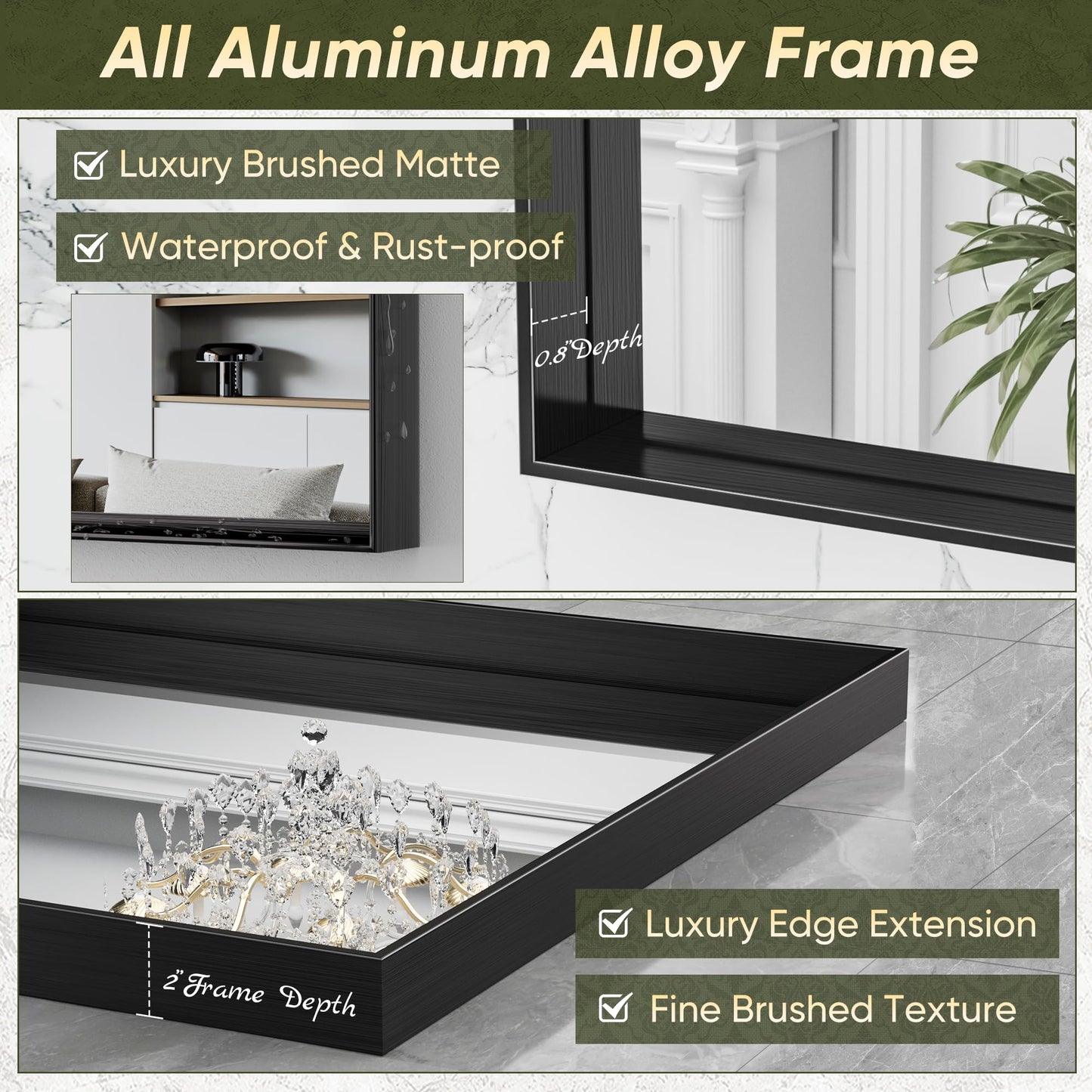 Suidia Bathroom Mirror, 60" x 30" Wall Mirror Metal Framed, Bathroom Vanity Mirror for Living Room Bedroom Bathroom Entryway, Black, Rect Corner Style