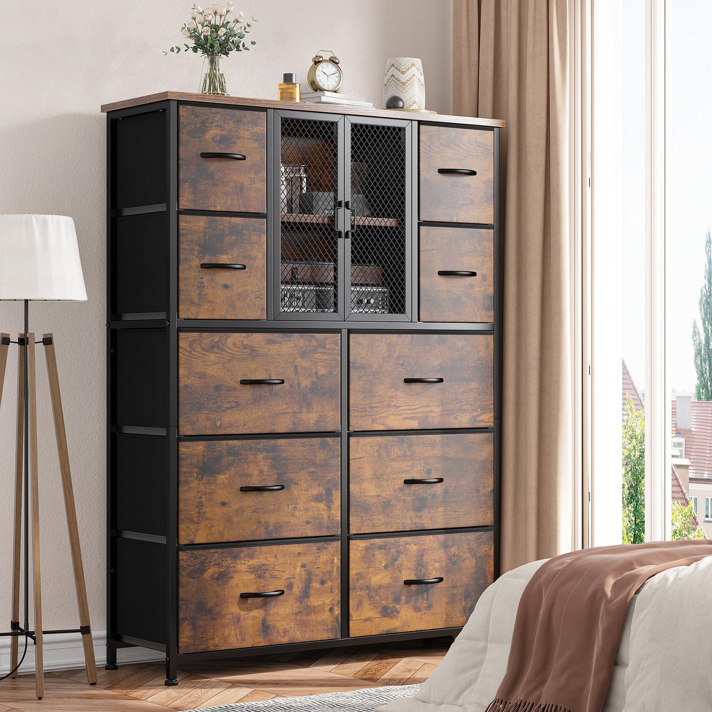 Dresser for Bedroom with Mesh Door Tall Dressers & Chests of Drawers with 10 Fabric Drawers Bedroom Dresser Organizer, Metal Frame, Wood Top, Closet, Entryway, Rustic Brown, 48.1" Hx38 Wx11.81 D