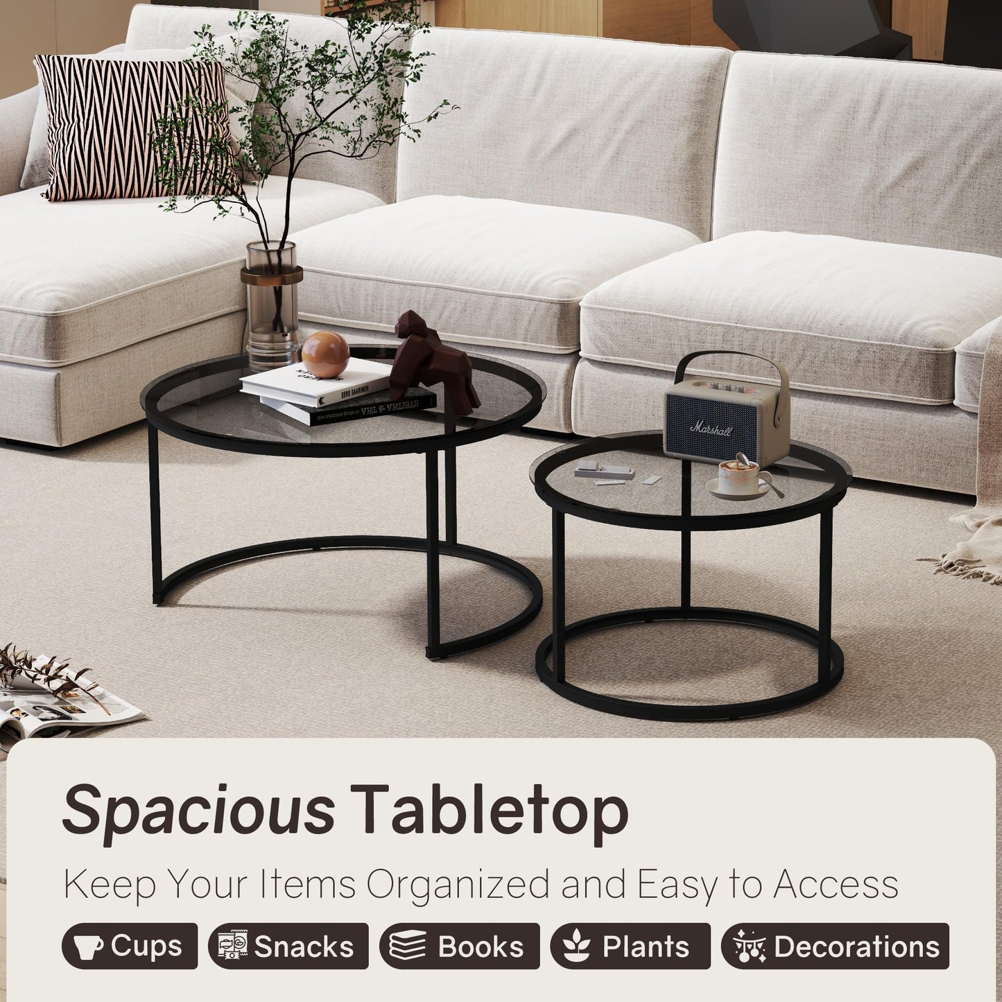 Furnivado 31.5" Nesting Coffee Table Set of 2, Round Nesting Coffee Tables with Tempered Glass Top, End Tables with Metal Frame for Living Room, Bedroom, Grey Transparent Glass