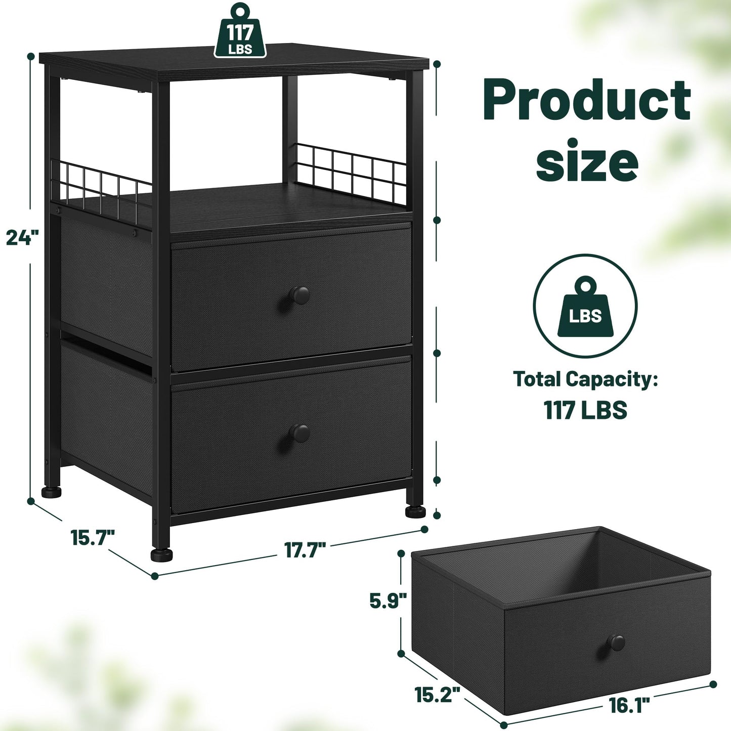 Nightstand Set of 2, 17.8"W Bedside Table with Fabric Drawers and Open Wood Shelf Storage, Safety Netting on Both Sides of Bedside Table,Night Stand for Bedroom,Closet, Hallway, Dorm,Black and Gray