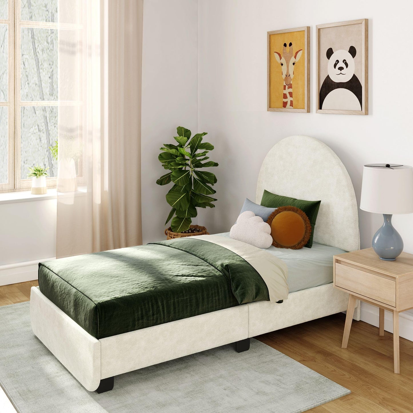 Max & Lily Upholstered Twin Bed Frame with Arch Headboard, Upholstered Platform Bed for Kids, No Box Spring Needed, Easy Assembly, Cream