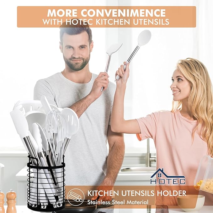 HOTEC Heat Resistant Silicone Kitchen Utensils, Cooking Utensil Set, Spatula Set, BPA Free, Kitchen Gadgets, Utensils Holder, Dishwasher Safe, 14pcs White