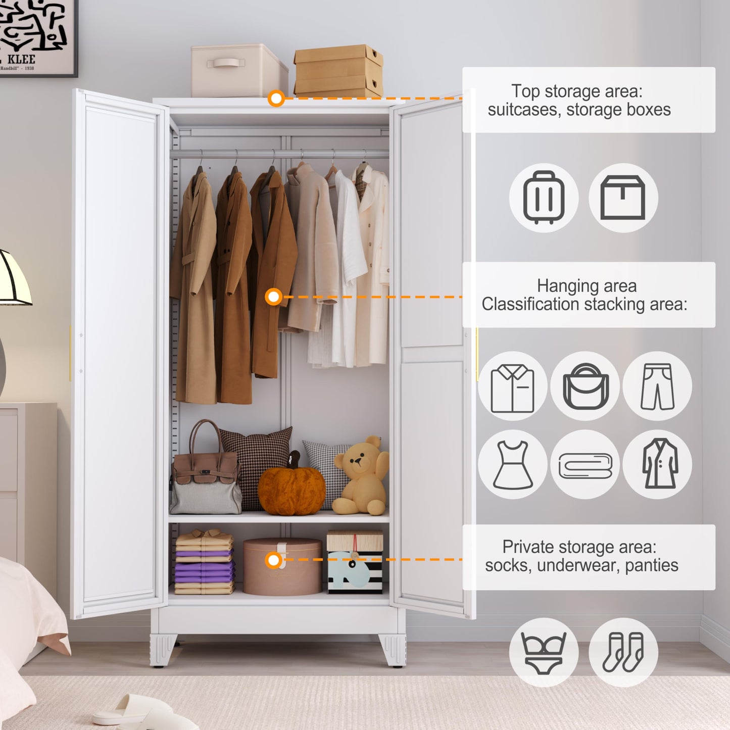 RIETERN Metal Armoire Wardrobe Closet, 71" Tall Bedroom Closet with Mirror, Adjustable Shelves, and Hanging Rod, Steel Clothes Closets and Storage, for Bedroom White