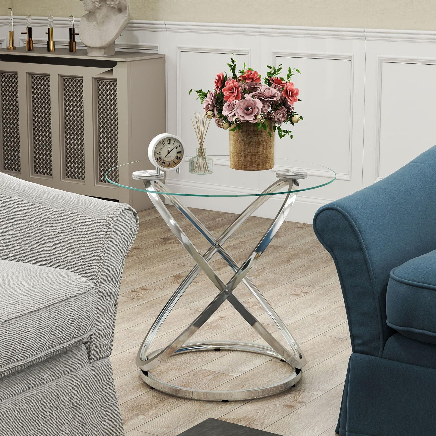 OIOG Glass Round End Table, Modern Contemporary Side Table for Small Space with Tempered Glass Tabletop for Living Room, Chrome Finish