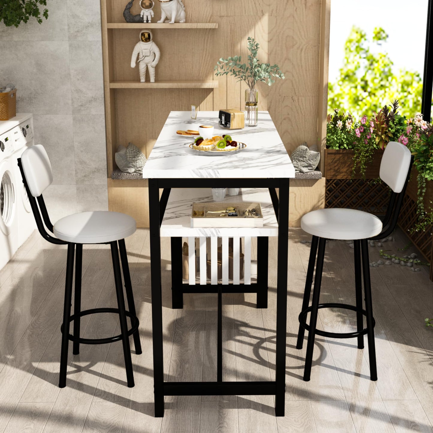 Lamerge Furniture Kitchen Bar Height Table and Chairs for 2, 5-Tier Compact Dining Room Table, White Faux Marble Top and 2 PU Leather Upholstered Seat Black Frame, Modern Dining Set for Home & Office