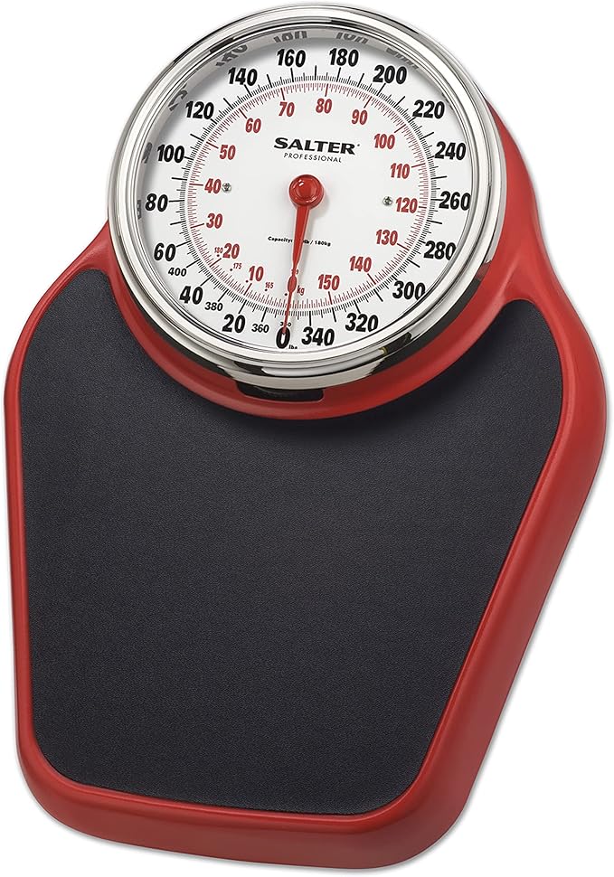 Salter Pro-Helix Professional Oversized Bathroom Scale with Black/Red powder-coated steel coated base, Anti-Slip Bath Mat, 400 LB Capacity, Analog Scale, 18.25 x 13.0 Inch, Black/Red