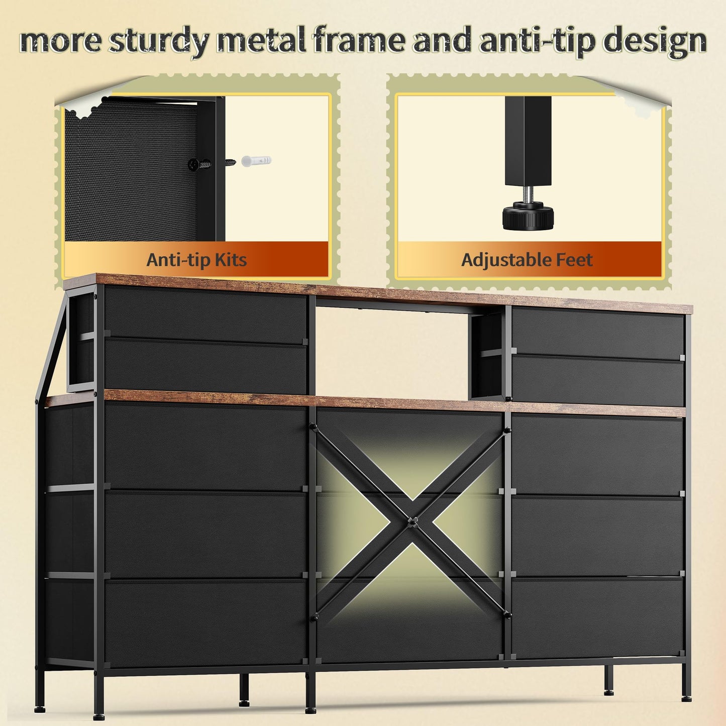 Romorgniz 55" W Dresser for Bedroom, Dressers & Chests of Drawers with 13 Fabric Drawers and 2 Open Shelves, Long Vanity Dressers for Bedroom & Closet, Rustic Brown, 55.1" W x 35.4" H x 11.4" D