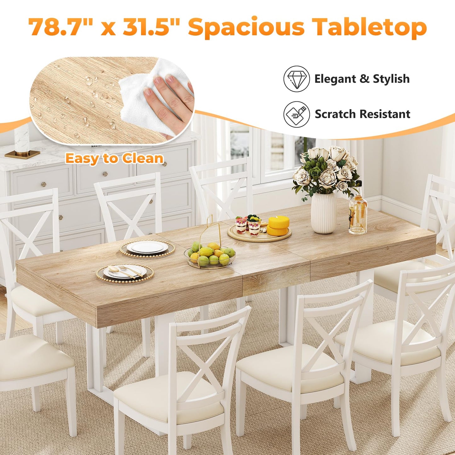 Zevemomo 63"-78.7" Expandable Dining Table, 6-10 Farmhouse Kitchen Table, Extendable Dining Table, Rectangular Kitchen Table with Metal Track, Tapered U-Shaped Legs for Dining Room, Office-Oak