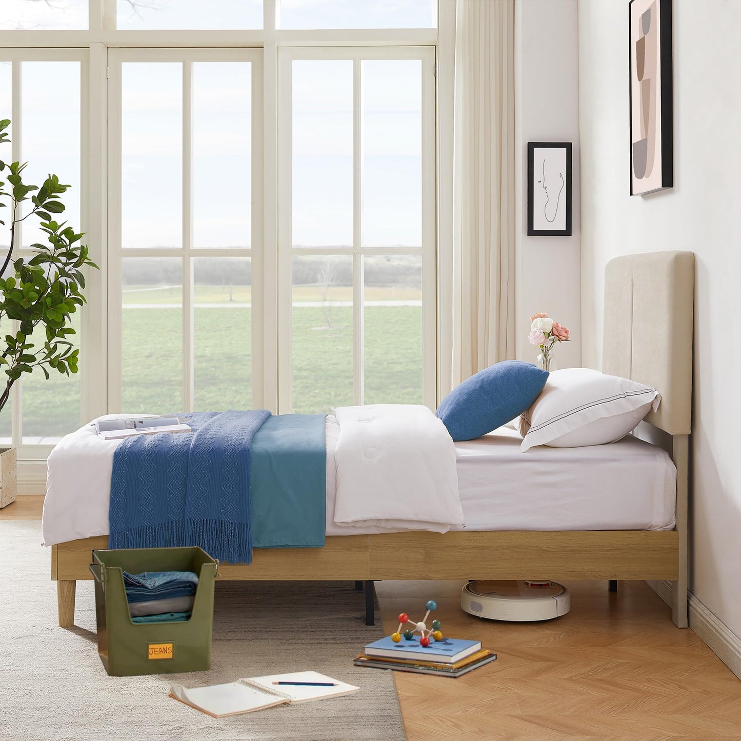 VECELO Twin Frame Upholstered Platform Height-Adjustable Cotton and Linen Headboard, Heavy Duty Wood Slats, 6" Under-Bed Space Noise-Free, No Box Spring Needed,Easy Assembly, Beige
