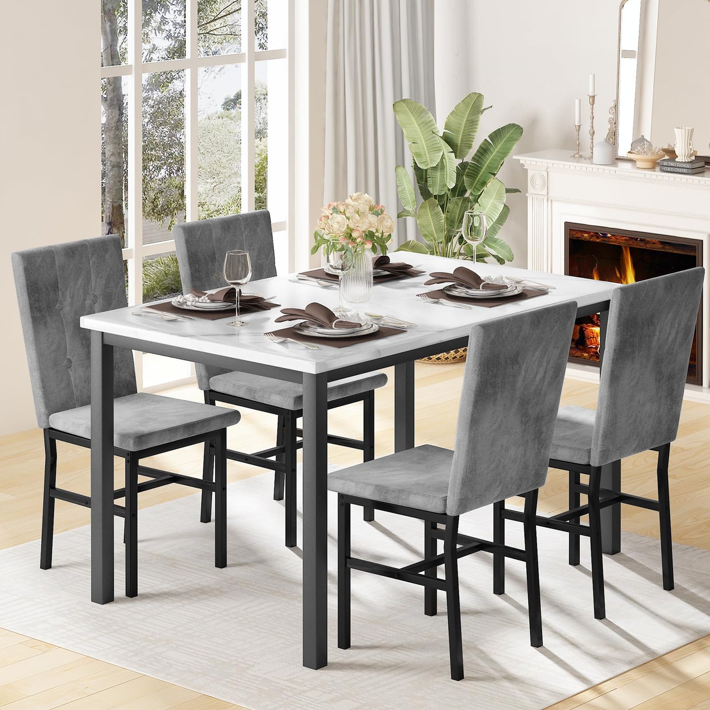 LinkRomat 5 Piece Dining Table Set for 4 Faux Marble Kitchen Table and Chairs Kitchen & Dining Room Sets for Small Space (White & Grey)