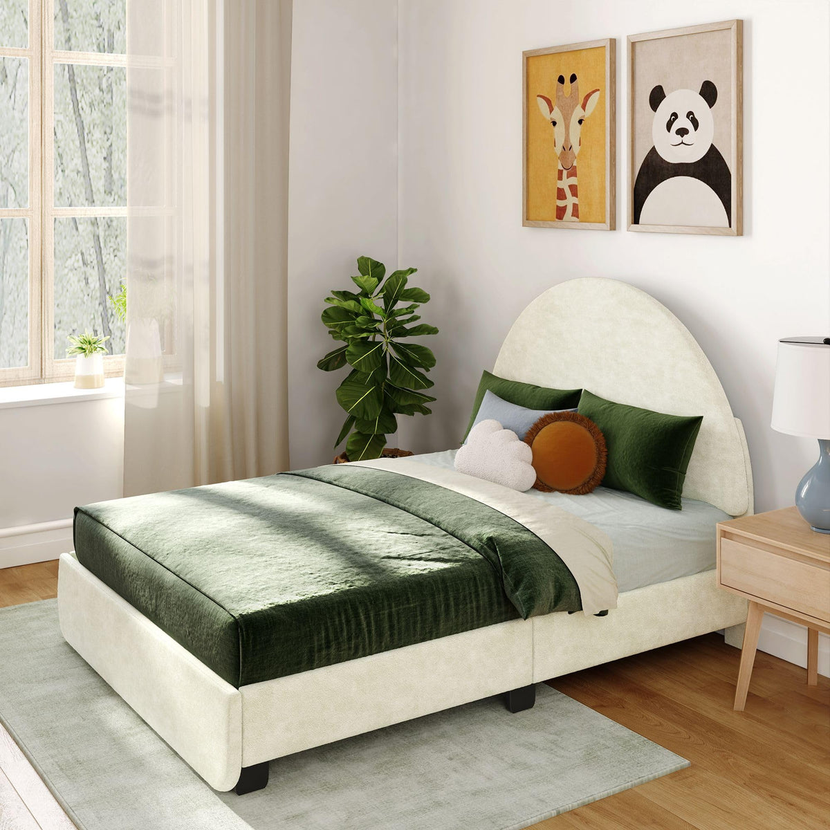 Max & Lily Upholstered Full Bed Frame with Arch Headboard, Upholstered Platform Bed for Kids, No Box Spring Needed, Easy Assembly, Cream