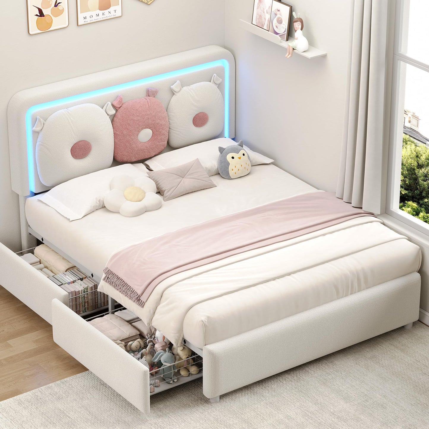 Full Boucle Upholstered LED Bed Frame with Storage Drawer and Adjustable Chic Double Arc Headboard, Princess Platform Cloud Bed with Backrest, Heavy Duty Metal Support, No Box Spring Needed, White