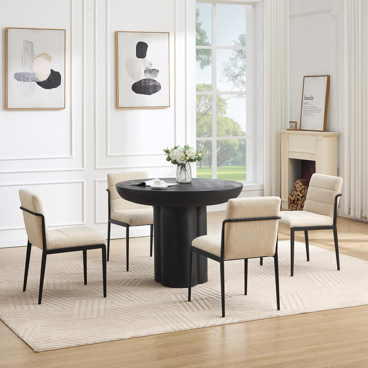 Flouki Modern Dining Chairs Set of 4, Upholstered Linen Kitchen Chairs with Wide Seating, Mid Century Dining Room Chairs with Thick Foam Padded on Backs, Sturdy Metal Legs, Beige