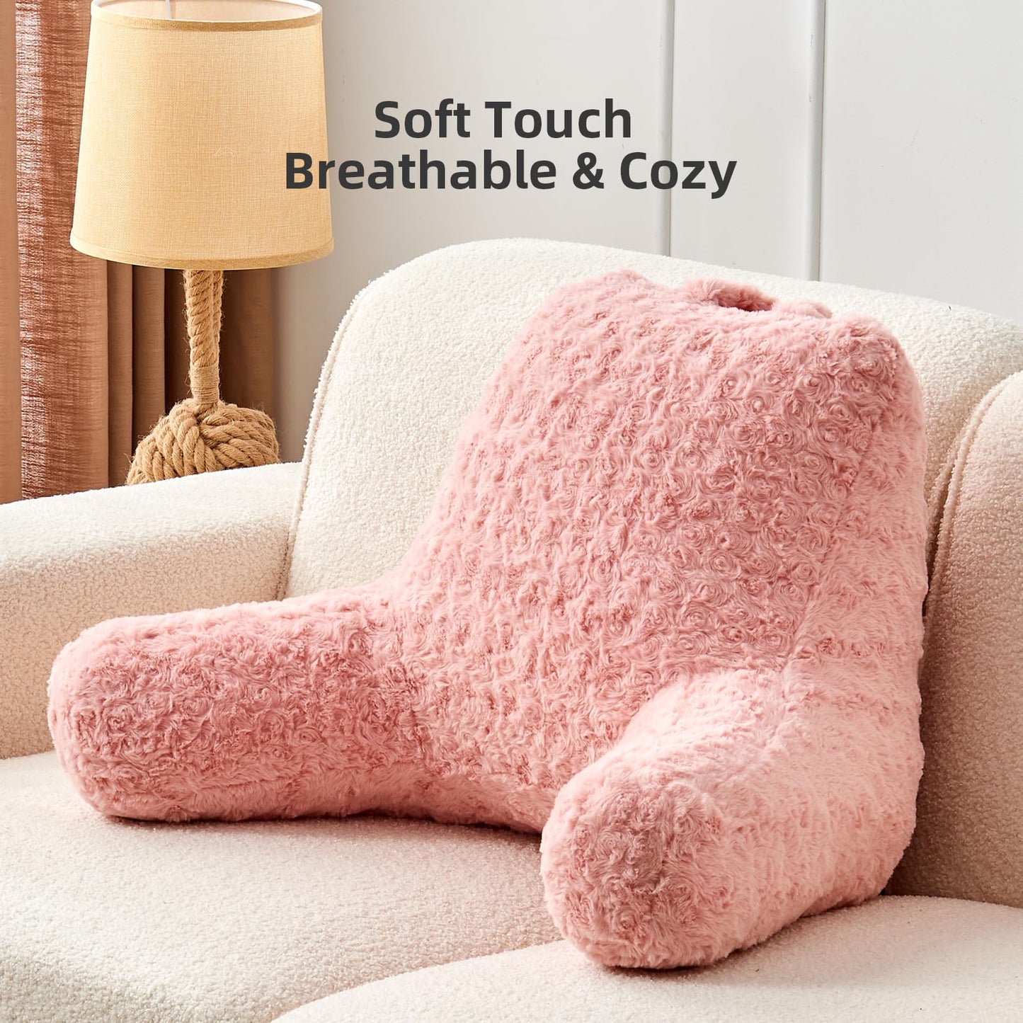 MUFEW Reading Pillow,Rose Velvet Back Pillow with Arms for Bed Sitting Up,Bed Pillow for Adult Children,Backrest Pillows with Washable Cover, Chair Pillow for Watching TV/Gaming/Relaxing (Pink)