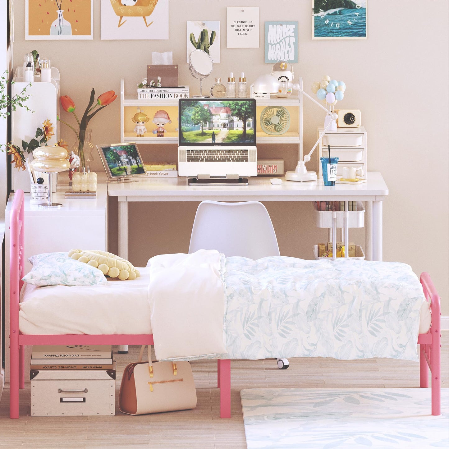 DiaOutro Classic Metal Platform Pink Twin Bed Frames with Headboard and Footboard, 16 Inch No Box Spring Needed Heavy Duty Victorian Style Iron-Art Mattress Foundation/Under Bed Storage