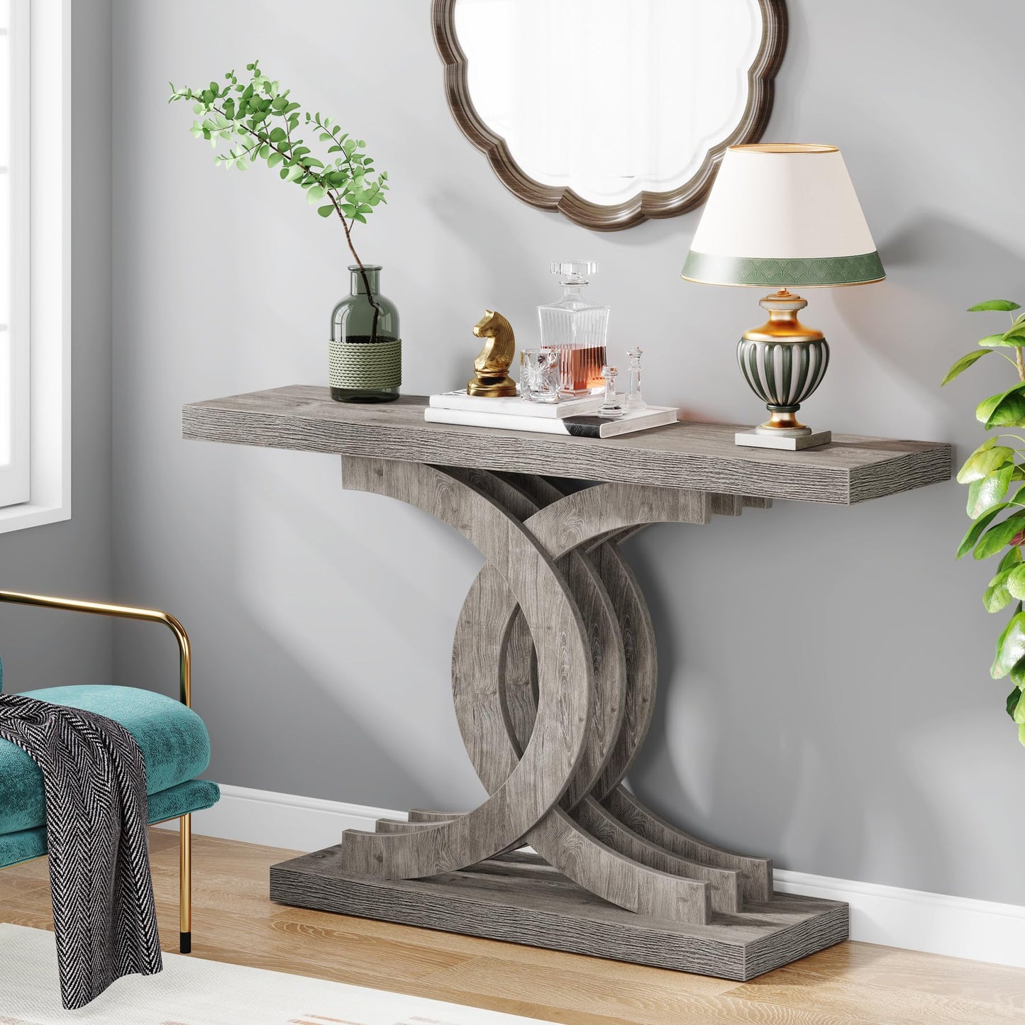 Console Tables Modern Farmhouse 39-inch Entryway Table with Geometric Base, Wooden & Metal Hallway Table for Entrance, Living Room (Grey)