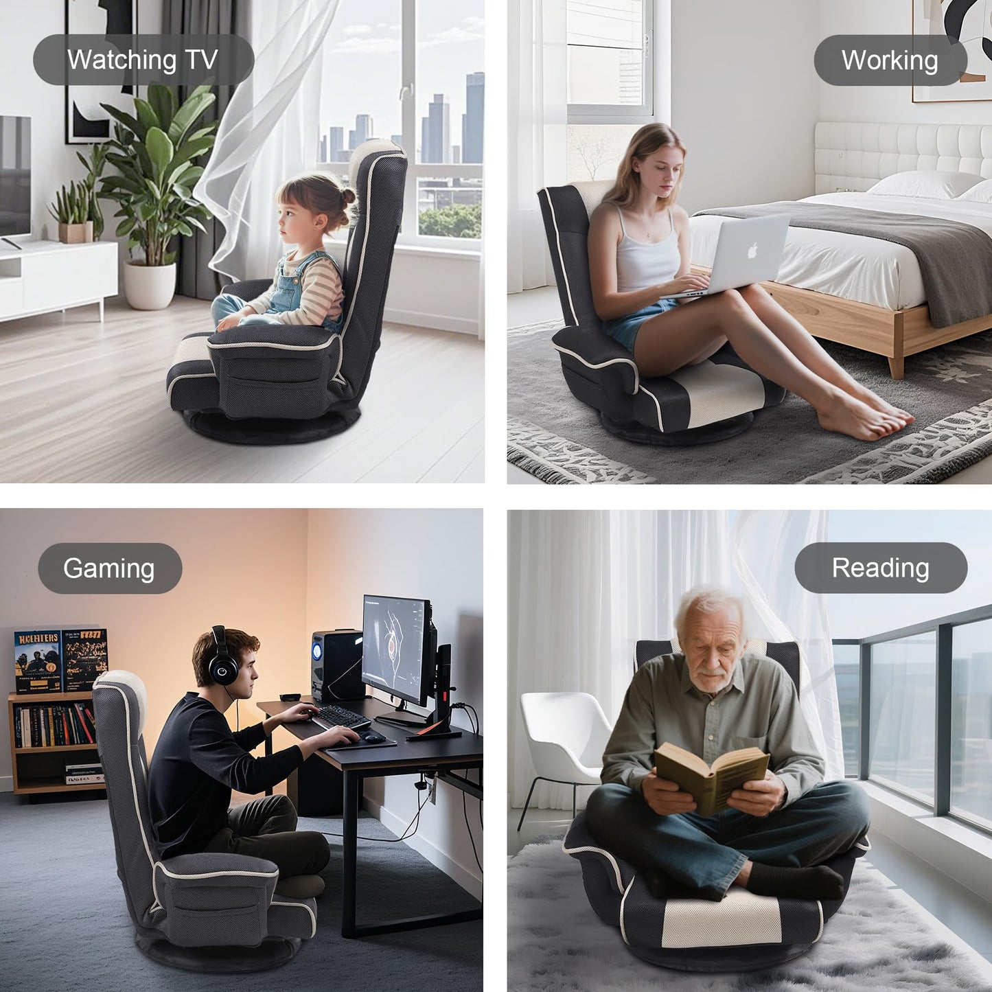 DeeLyan Swivel Floor Chairs for Adults, Floor Gaming Chair with Extra Wide Arms, Back Support 14 Angles Adjustable Comfortable Double Mesh Fabric Lazy Sofa for Video Game Chairs 201 (Grey + Beige)