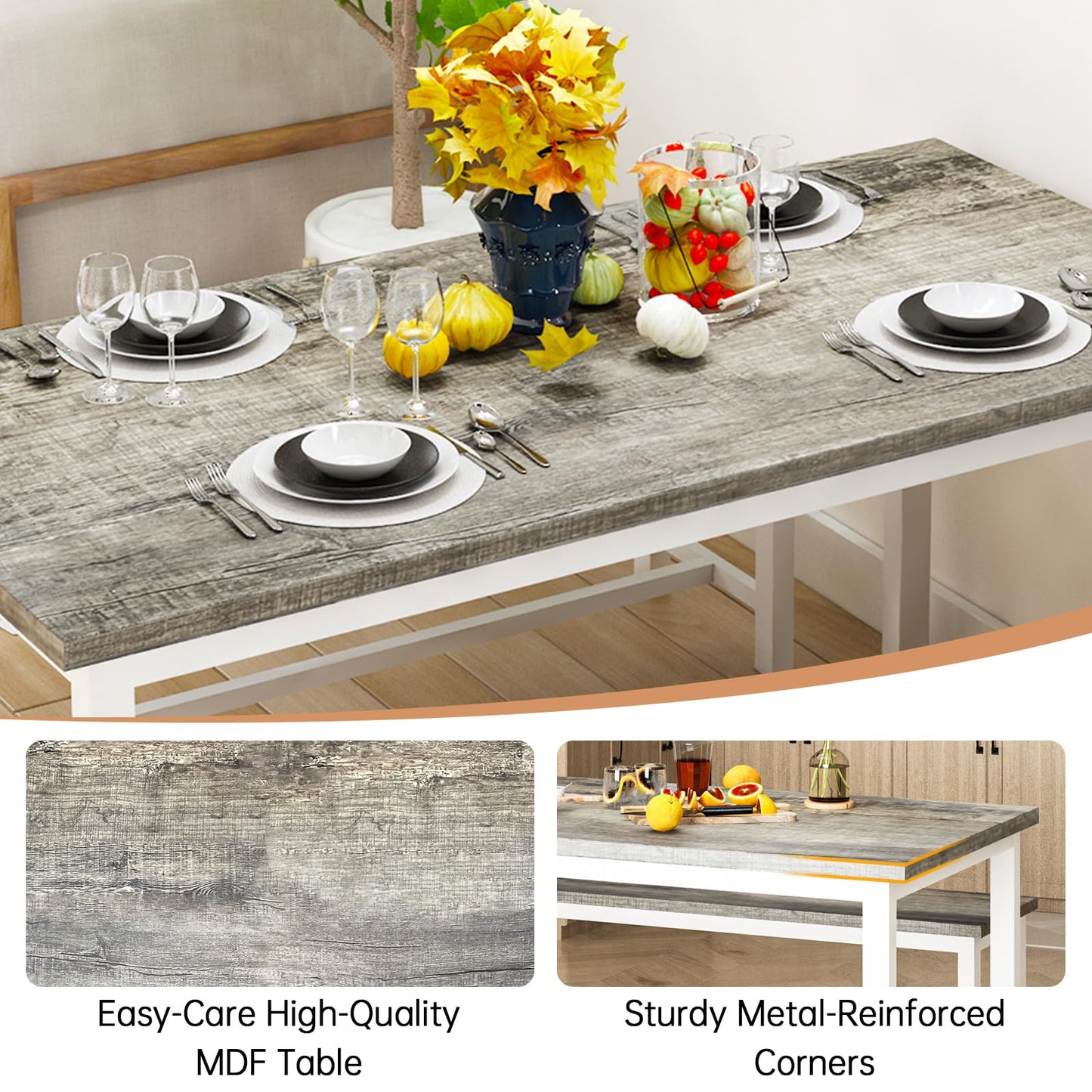 LinkRomat Dining Room Table Set with 2 Benches Dining Table Set for 4, Farmhouse Breakfast Table Set for Small Spaces, Apartment (Grey & White)