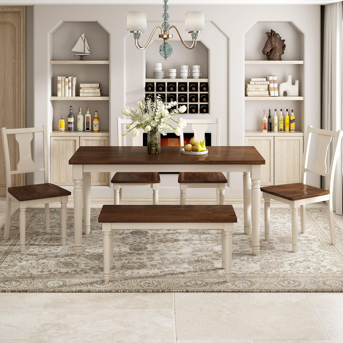 LUMISOL 60" Dining Table Set with Bench Includes Rectangular Dining Table, 4 Chairs & Bench, Farmhouse Style, Brown+Cottage White