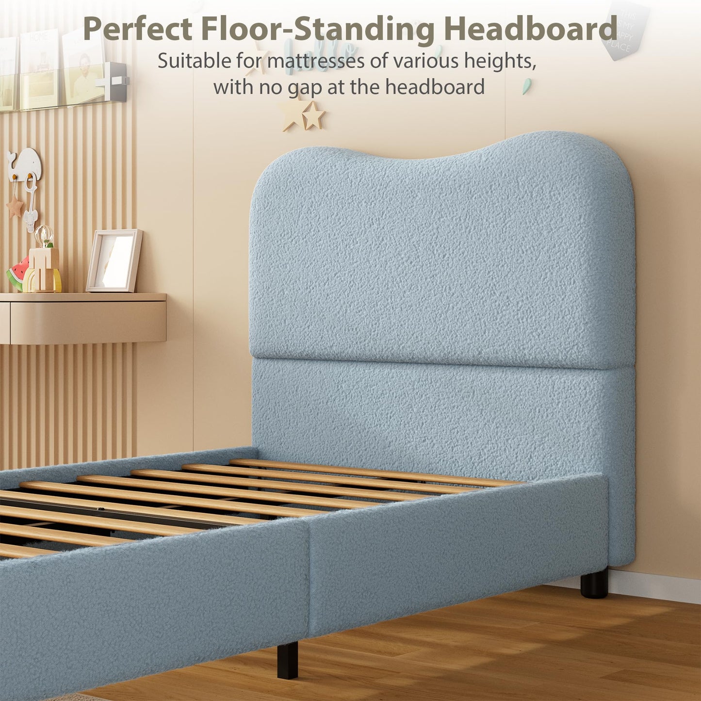Senfot Blue Twin Kids Bed Frame with Upholstered Headboard, Low Profile Sturdy Platform Bed with Soft Boucle Fabric for Girls and Boys, Heavy Duty, Wooden Slats, Noise Free, No Box Spring Needed