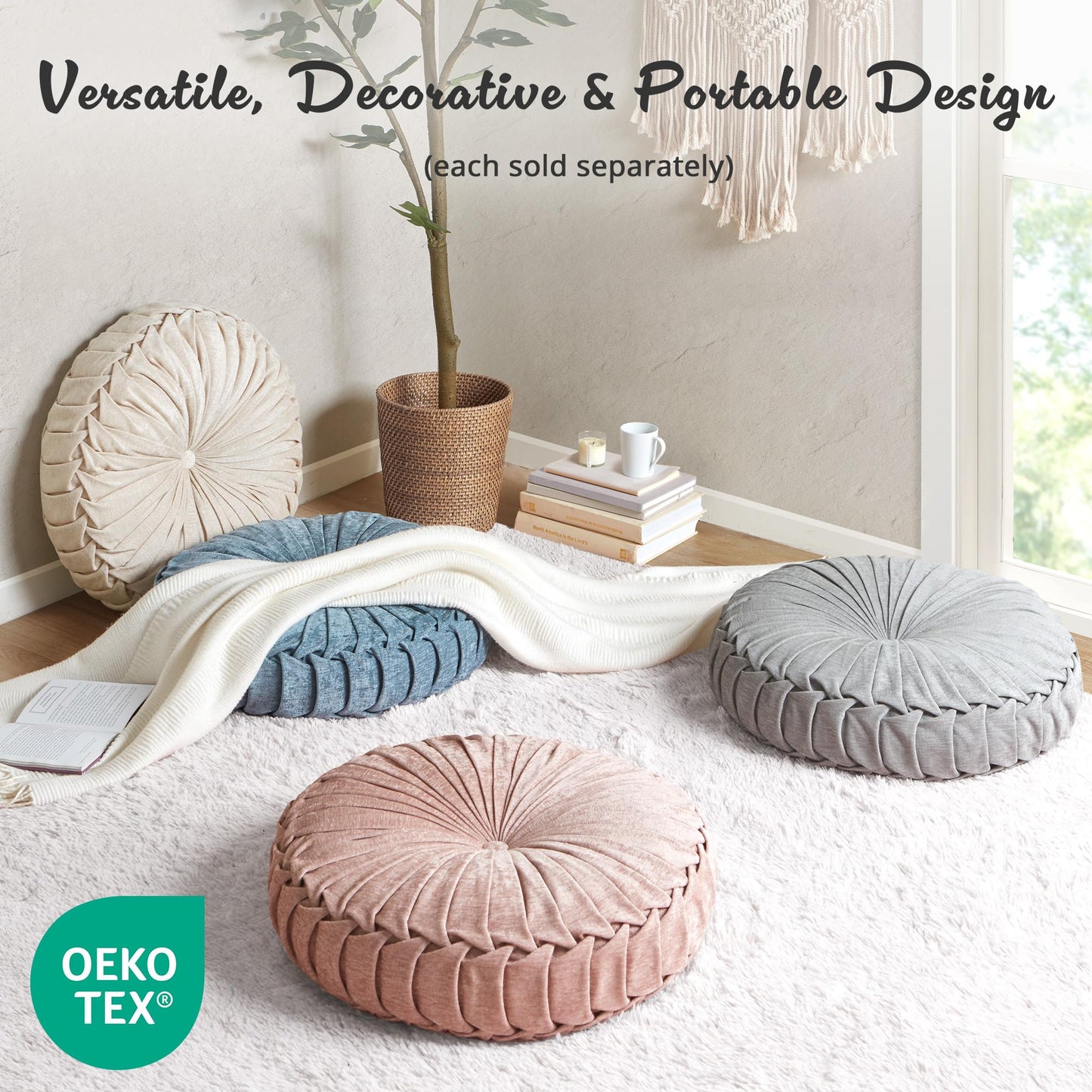 Intelligent Design Loretta Chenille Round Floor Pillow Meditation Cushion, Soft Color & Natural Luster Button Tufted with Elegant Pleated Details, Dia 22"x6"H, Ivory