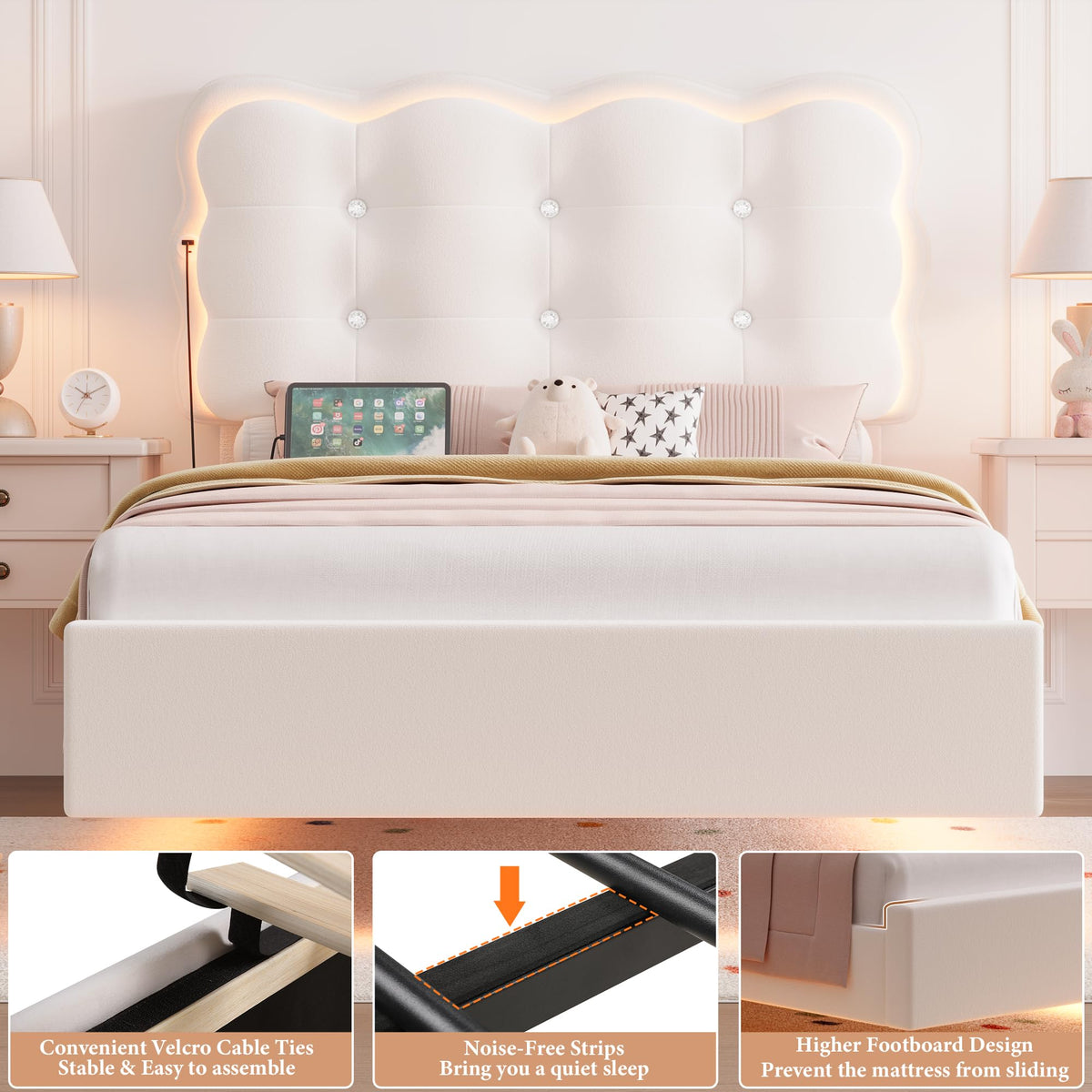 HIFIT Upholstered Full Size LED Bed Frame with Charging Station and Adjustable Crystal Button-Tufted Puffs Headboard, Velvet Princess Floating Platform Bed Frames for Girls, No Box Spring Needed,Beige