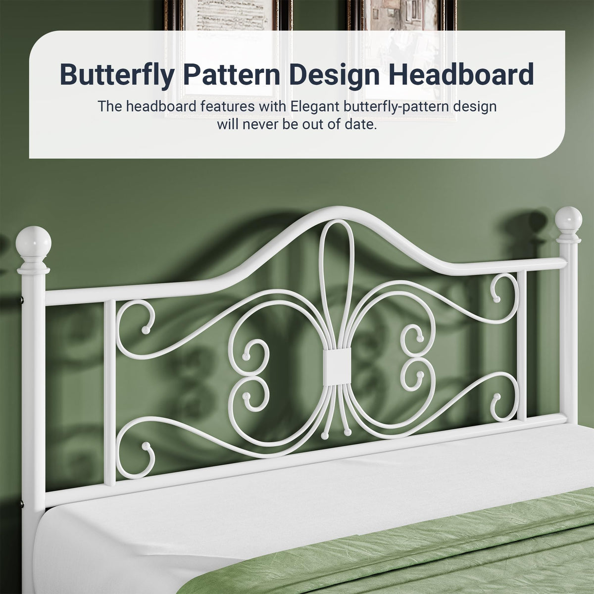 Allewie Queen Size Bed Frame with Headboard,Metal Bed Frame with Butterfly Pattern Design Headboard & Footboard,No Box Spring Needed,Easy Assembly,White