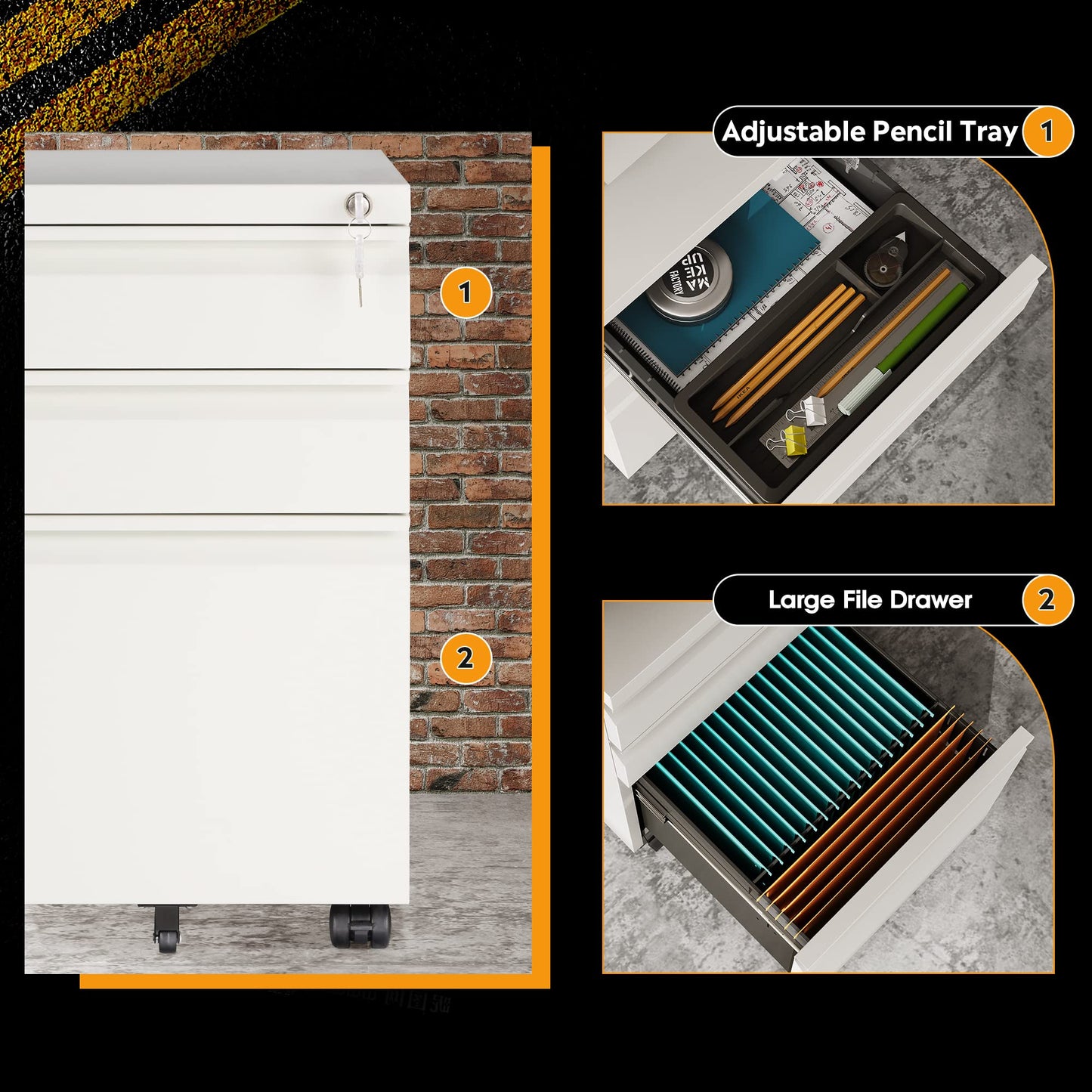 DEVAISE 3-Drawer Mobile File Cabinet (Under Office Desk), Assembled Except Casters, Fits Letter/Standard Sizes, White