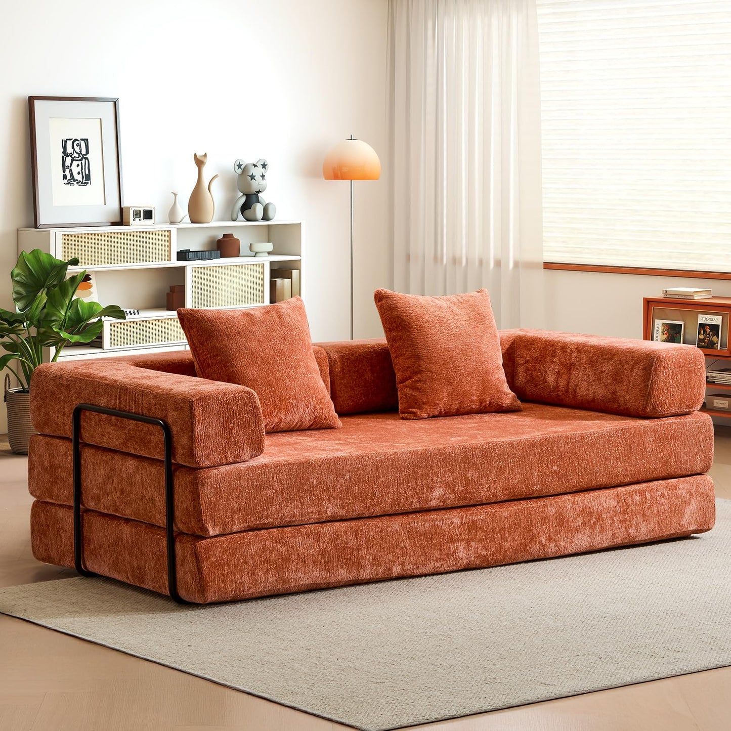 Convertible Folding Sleeper Sofa Bed, Boneless Couch with Fixed-Shape Frame, Compression Foam Sofa, Futon Foldable Mattress, Pull Out Couch Bed for Living Room Bedroom Lounge(Chenille, Orange)