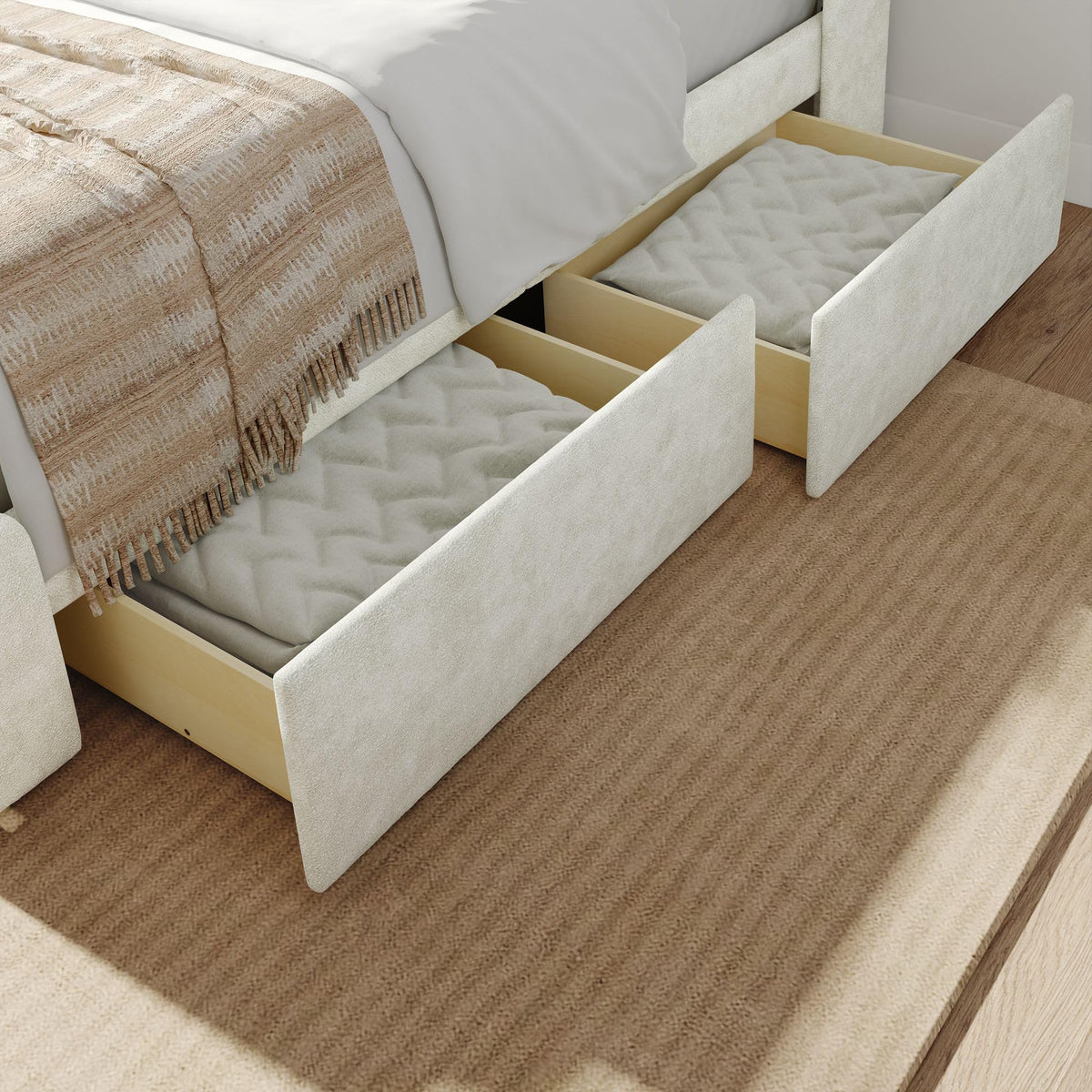 Plank+Beam Upholstered Twin Bed Frame with Rectangular Headboard and Two Storage Drawers, Upholstered Platform Bed, No Box Spring Needed, Easy Assembly, Cream