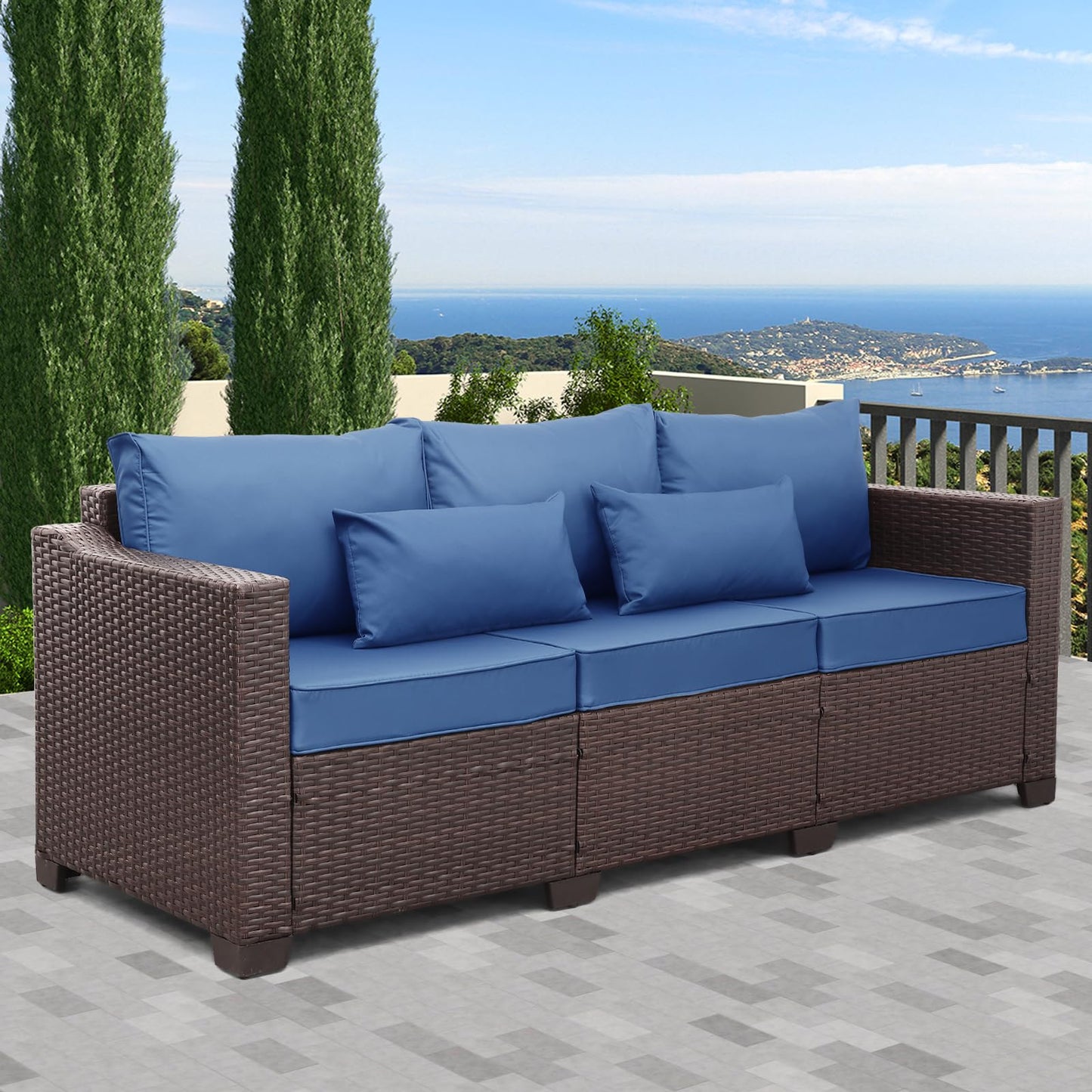 Rattaner 3-Seat Patio Wicker Sofa, Outdoor Rattan Couch Furniture Steel Frame with Furniture Cover and Deep Seat High Back, Blue Anti-Slip Cushion.