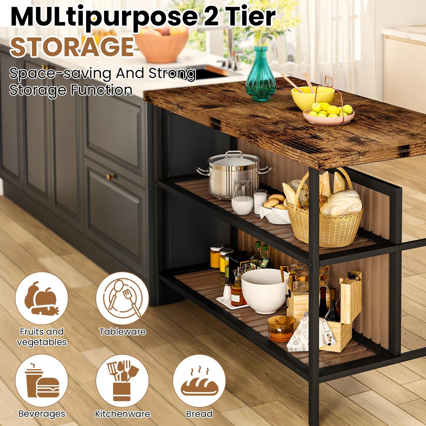 DKLGG Kitchen Island with Seating & Storage, Farmhouse Dining Table Set for 2, Space-Saving 3 Piece Dining Set Table & Chairs Island Table for Kitchen, Apartment, Dining Room, Rustic Brown
