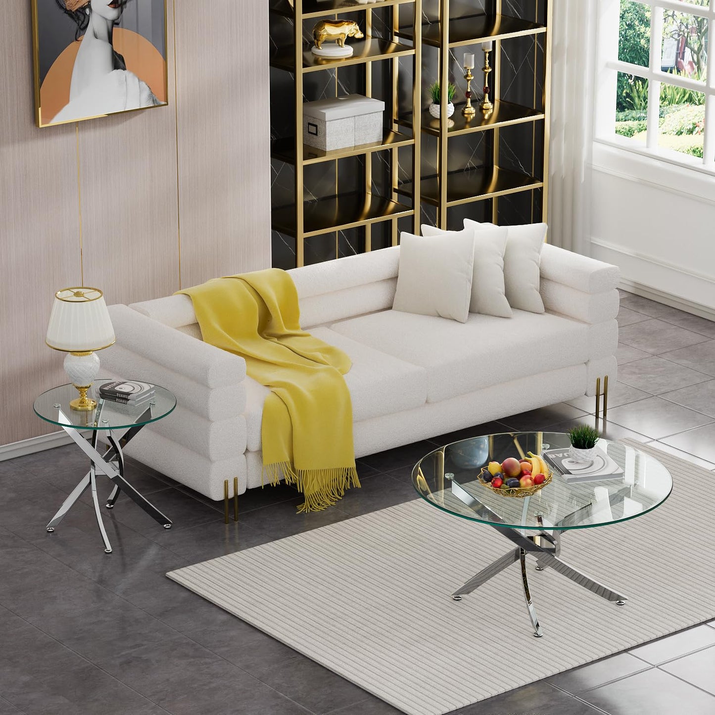 SSLine Modern Round Glass Coffee End Table Set of 2 Luxury Circle Cocktail Center Table with 1 End Table for Living Room Bedroom Office, Mirrored Stainless Steel Cross Base(Clear Silver2)