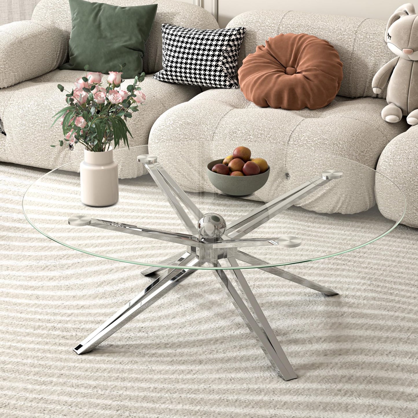 Julenshion Modern Glass Coffee Table, Round Clear Center Table with Tempered Glass Top & Silver Stainless Steel Base Ball Decor Table for Living Room Home Office, Chrome Finish