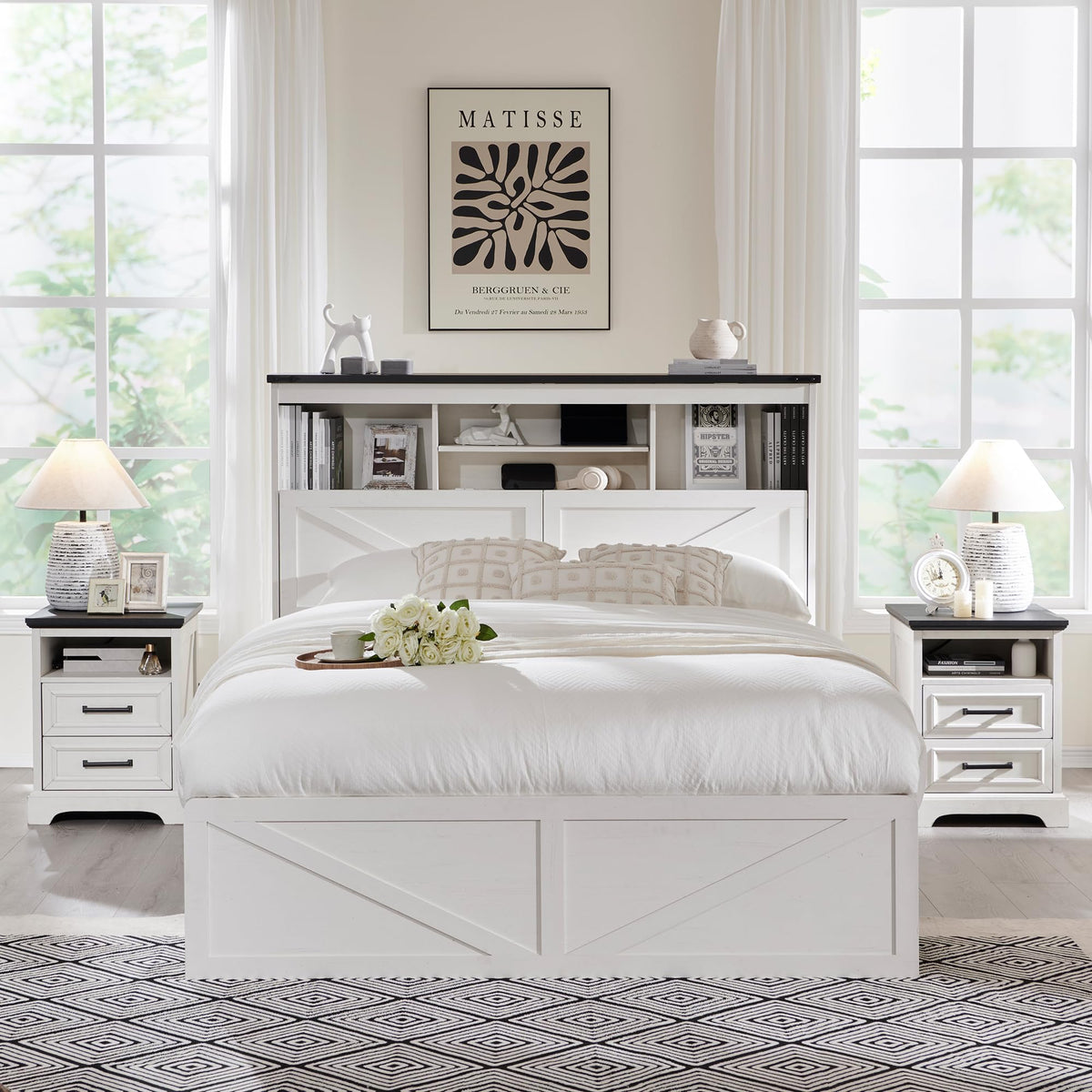 ACCOHOHO Queen Bed Frame Farmhouse with 52" Storage Bookcase Headboard, 4 Drawers Wooden Bed Frame, LED Light, Charging Station - White
