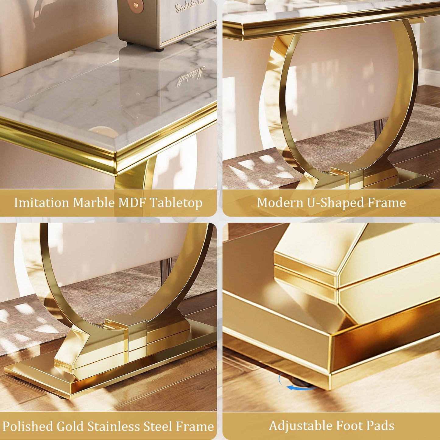 Asday Gold Console Table, 50 Inch Glam White and Gold Entryway Table with U-Shaped Base, Polished Gold Entrance Table with White Top for Entryway, Hallway, Foyer