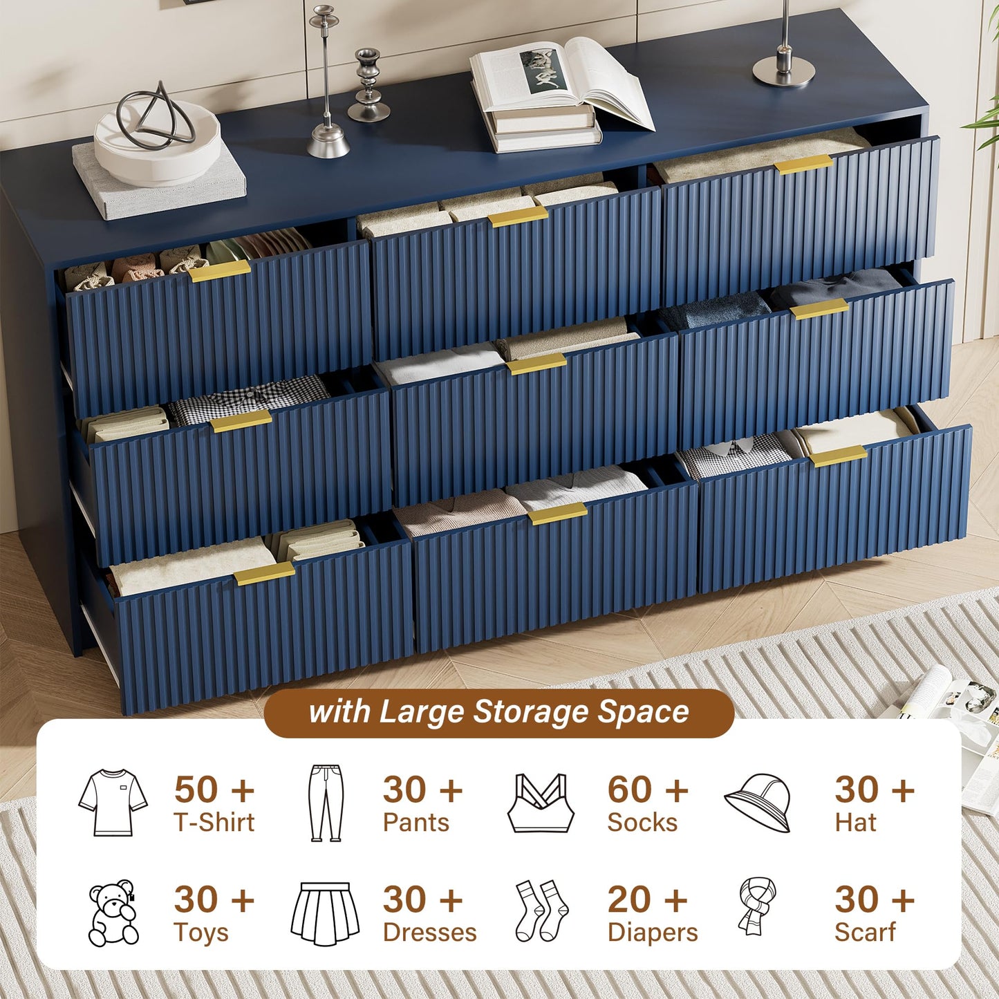 Furniway Blue Dresser for Bedroom, Modern Dresser with 9 Drawers and Smooth Slides, Wide Chest of Drawers with Golden Handles for Bedroom, Living Room, Closet, 15.7" D x 63" W x 31.5" H