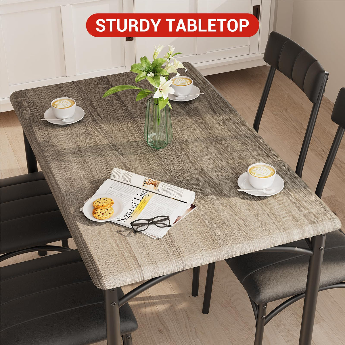 GarveeHome Dining Table Set for 4, Kitchen Table with 4 Upholstered Chairs, Wood Rectangular Dining Table and Chairs Set, for Small Space, Apartment, Dinner, Rustic Gray