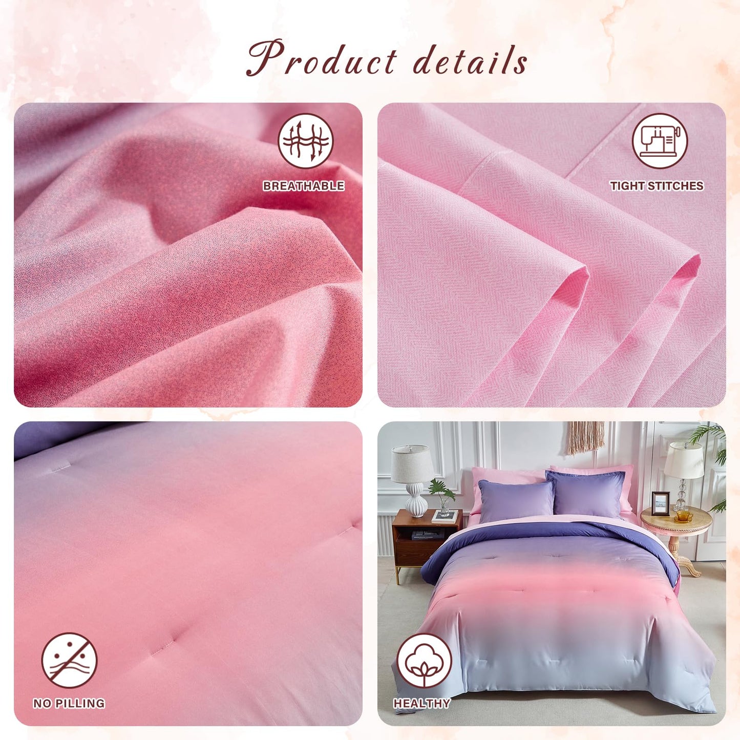 Grey Pink and Purple Gradient Comforter Set Twin Size 6 Pieces Elegant Ombre Bed in a Bag - Reversible All Season Bedding Set with Comforter, Flat Sheet, Fitted Sheet, Pillowcase & 2 Pillow Shams