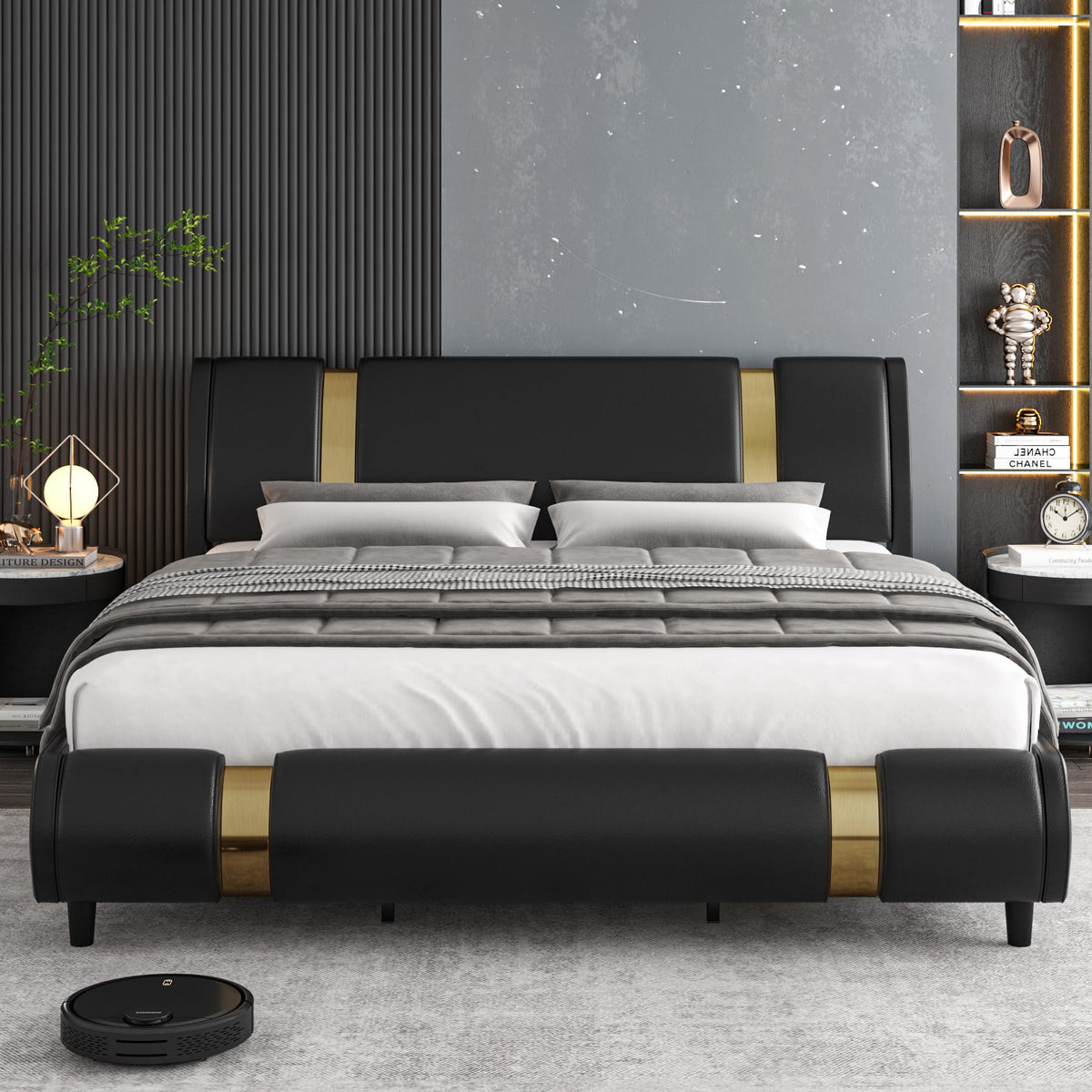 TTVIEW Modern Faux Leather Upholstered Platform Bed Frame with Golden Iron Metal Decor, Adjustable Curved Headboard, Wooden Slats Support, No Box Spring Needed, Queen Size, Black