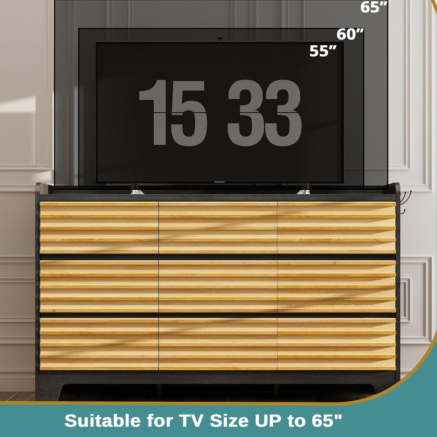 ANCTOR Fluted Dresser for Bedroom with 9 Drawers, 59" Wide Wood Chest of Drawers with 3 Hook and Elevated Tabletop, TV Stand with Drawers, Large Drawer Dresser for Bedroom, Living Room, Hallway, Black