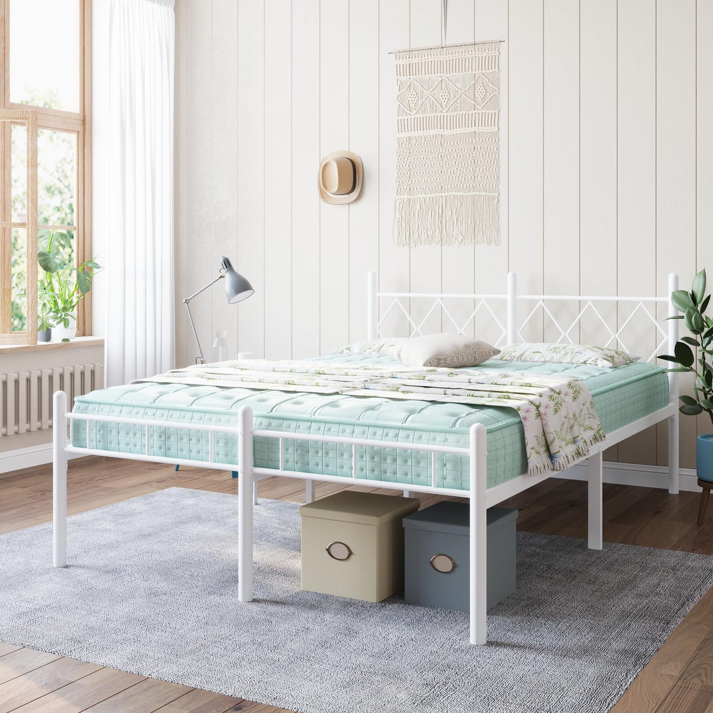 Kinshionroyal 14 Inch Full Size Bed Frame No Box Spring Needed,Metal Platform with Headboard and Footboard,Heavy Duty Slats Support Easy Assemble Noise Free(White and Rhombus)